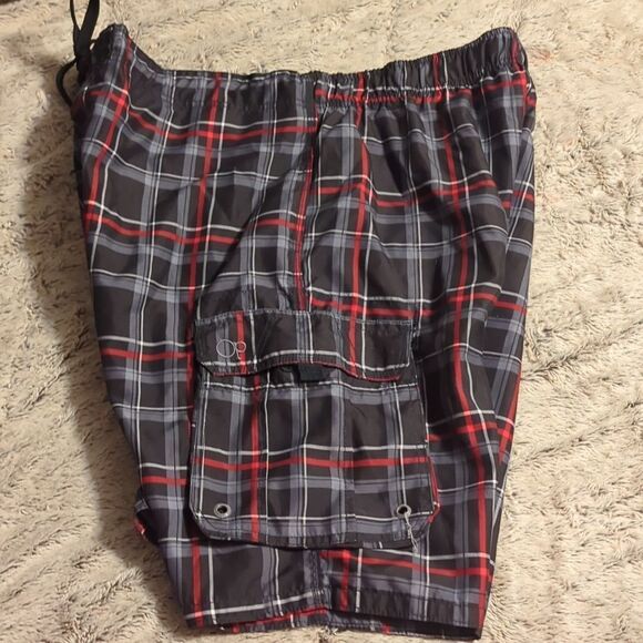 OP Ocean Pacific Swim Trunks Board Shorts Men's Black Plaid Size XL 40-42 - Picture 5 of 7
